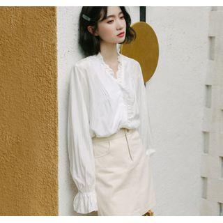 Pintuck V-neck Bell-sleeve Blouse