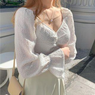 Puff-sleeve Textured V-neck Top White - One Size