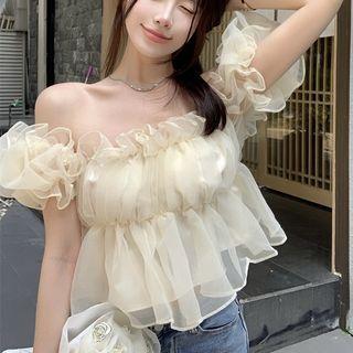 Puff-sleeve Off-shoulder Mesh Top