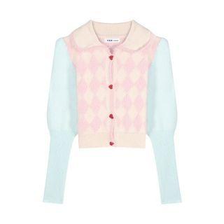 Long-sleeve Collared Diamond Pattern Knit Top Pink & Light Pink & Blue - One Size