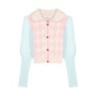 Long-sleeve Collared Diamond Pattern Knit Top Pink & Light Pink & Blue - One Size