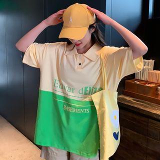 Two Tone Lettering Elbow-sleeve Polo Shirt