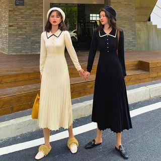 Long-sleeve Midi Polo Knit Pleated Dress