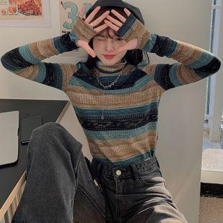 Mock-neck Striped T-shirt Brown & Blue & Black - One Size