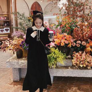Collared Long-sleeve Midi Knit Dress Thicken - Black - One Size
