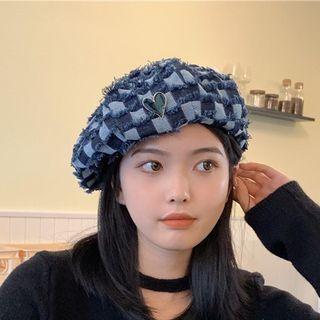 Fringed Trim Checker Print Beret Blue - M