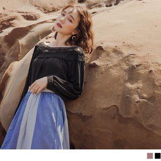 Long Sleeve Lace Panel Off-shoulder Chiffon Top
