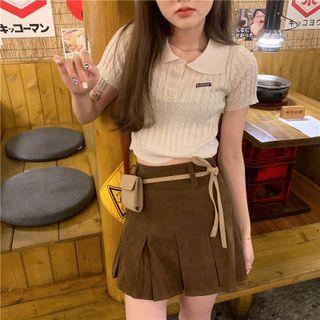 Short-sleeve Collared Cable-knit Top