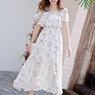 Ruffle Cold Shoulder Midi Chiffon Dress