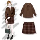 Bell-sleeve Chiffon Blouse / Plaid A-line Mini Skirt