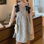 Spaghetti Strap Floral Print Midi A-line Dress / Lace Blouse