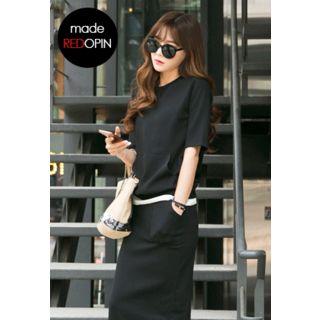 Set: Round-neck Layered Top + Band-waist Midi Skirt