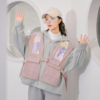 Set: Hooded Zip Jacket + Flower Print Pocket Detail Vest