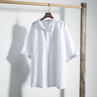 Elbow-sleeve Linen Hooded Shirt