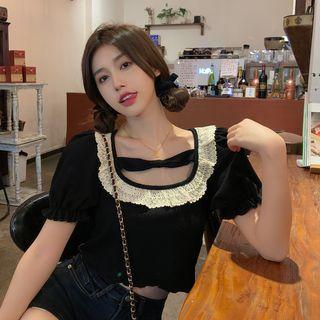 Lace-trim Puff-sleeve Cropped Top