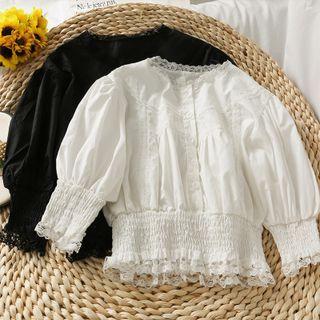 Crew-neck Lace-trim Smocked Crop Blouse