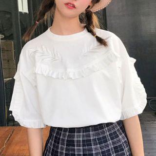 Ruffle Trim Embroidered Elbow-sleeve T-shirt