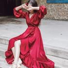 Balloon-sleeve Open Back Midi A-line Dress Wine Red - One Size