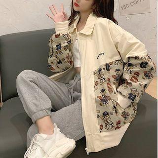 Bear Print Panel Zip-up Jacket