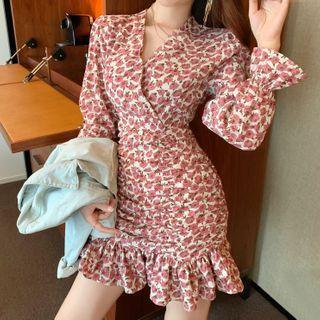 Long-sleeve Floral Print Frill Trim A-line Mini Dress