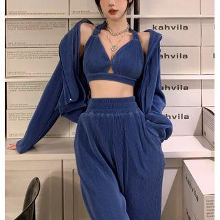 Cutout Ribbed Halter Top / Hooded Light Jacket / Wide-leg Pants