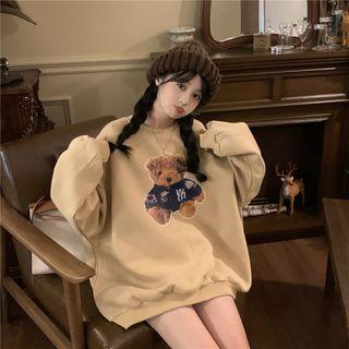 Bear Print Loose Fit Sweatshirt / High-waist Plain Pu Shorts