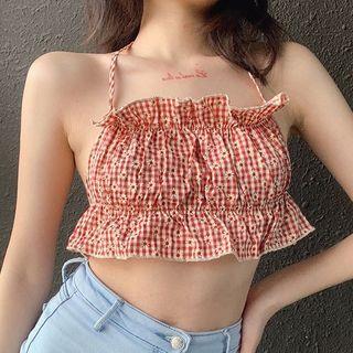 Halter-neck Gingham Cropped Camisole Top