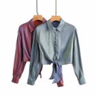 Long-sleeve Knotted Cropped Satin Shirt