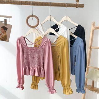 Square-neck Back Cross Ruffled Puff Sleeve Doll Shirt
