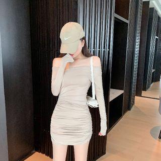 Long-sleeve Off-shoulder Mini Bodycon Dress Nude - One Size