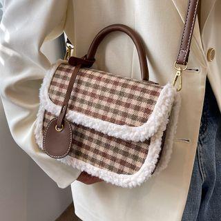 Check Fleece Trim Flap Crossbody Bag