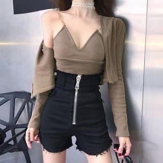 High Waist Shorts / Spaghetti Strap Top / Light Jacket / Set