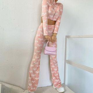 Set: Lettering Print Long-sleeve Zip Light Jacket + Lettering Print Boot-cut Pants