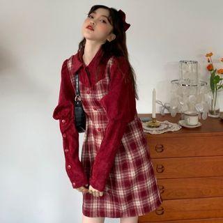 Puff-sleeve Mock Two-piece Plaid Mini Dress Red - One Size