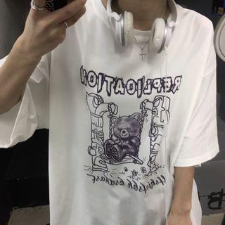Bear Lettering Print Elbow-sleeve T-shirt