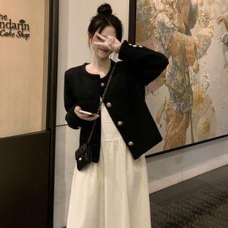 Plain Button-up Jacket / Spaghetti Strap Midi A-line Dress