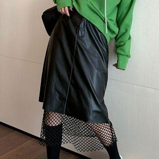 Mesh Panel Faux-leather Skirt