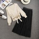 Set: V-neck Sweater + Maxi Accordion Pleat Velvet Skirt