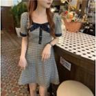 Short-sleeve Plaid Bow-front A-line Dress