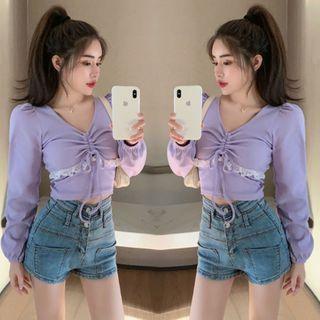 Long-sleeve Drawstring T-shirt Purple - One Size