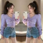 Long-sleeve Drawstring T-shirt Purple - One Size