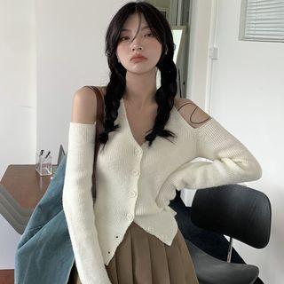 Cold-shoulder Halter-neck Button-up Knit Top