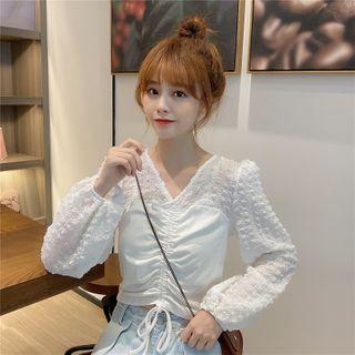 Long-sleeve Drawstring Shirred Blouse