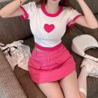 Short-sleeve Embroidered T-shirt / A-line Skirt
