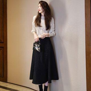 Set: Plain Sweater + Glittered A-line Skirt