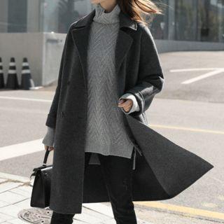 Double-breasted Wool Blend Handmade Coat Charcoal Gray - One Size
