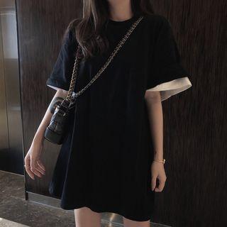 Mock Two Piece Short-sleeve T-shirt Dress Black - One Size