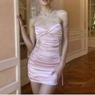 Faux Pearl Strap Lace Panel Lace-up Satin Mini Dress