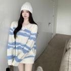 V-neck Striped Mohair Sweater Striped - Blue & White - One Size