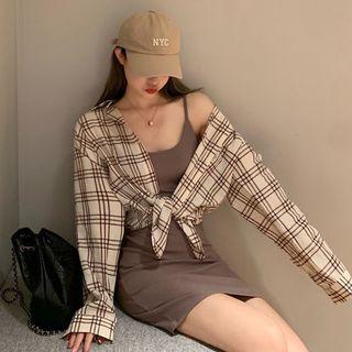 Spaghetti Strap Mini Sheath Dress / Long-sleeve Plaid Shirt
